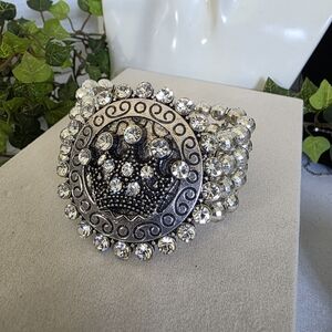 Statement Silver Stretch Bracelet with Crown and Rhinestones